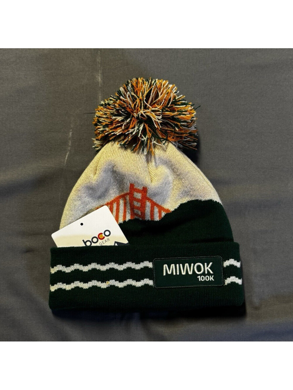 Boco Gear Miwok 100K Trail Race Beanie Hat Pom Knit Green Golden Gate Bridge NWT